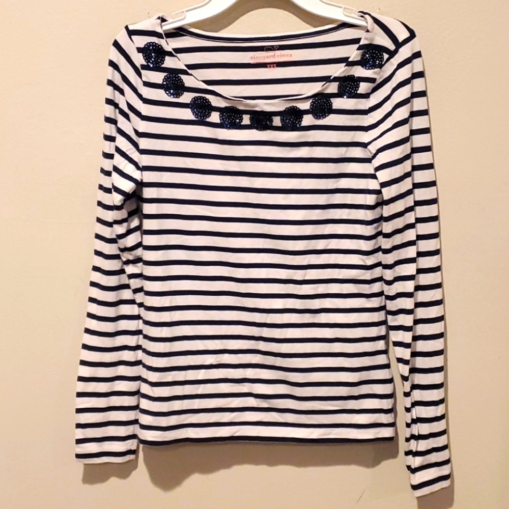 ❤ VINEYARD VINES SEQUIN EMBELLISHED STRIPED TOP, STRETCH COTTON, XXS